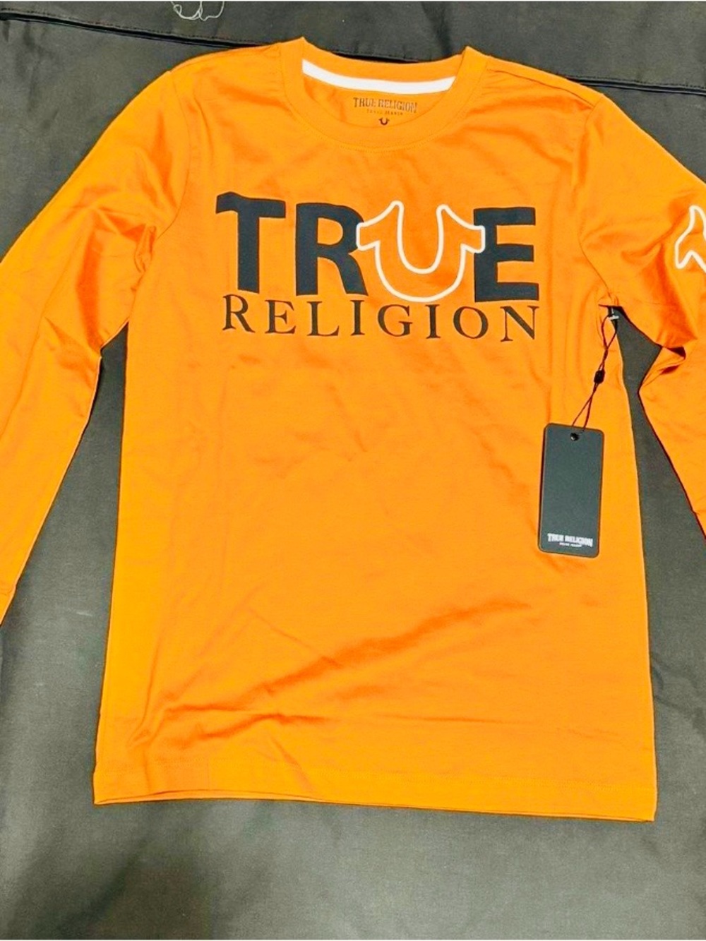 True Religion Long Sleeve Tee in Bright Orange with Logo